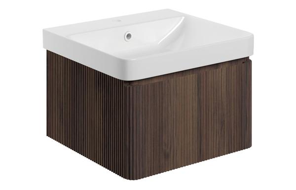Flute 500mm Wall Hung 1 Drawer Basin Unit & Basin - Textured Walnut